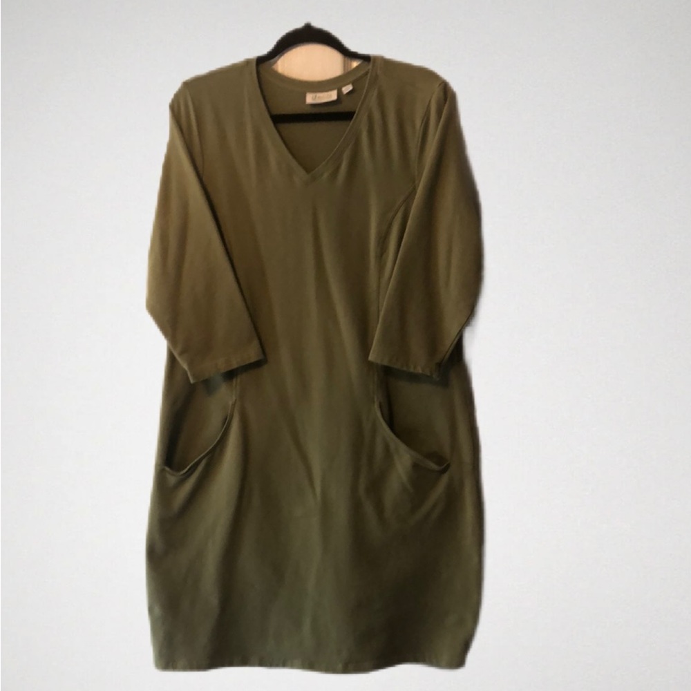 Denim & Co. Active FRENCH TERRY 3/4 Sleeve Dress with Pockets Olive Green Size L